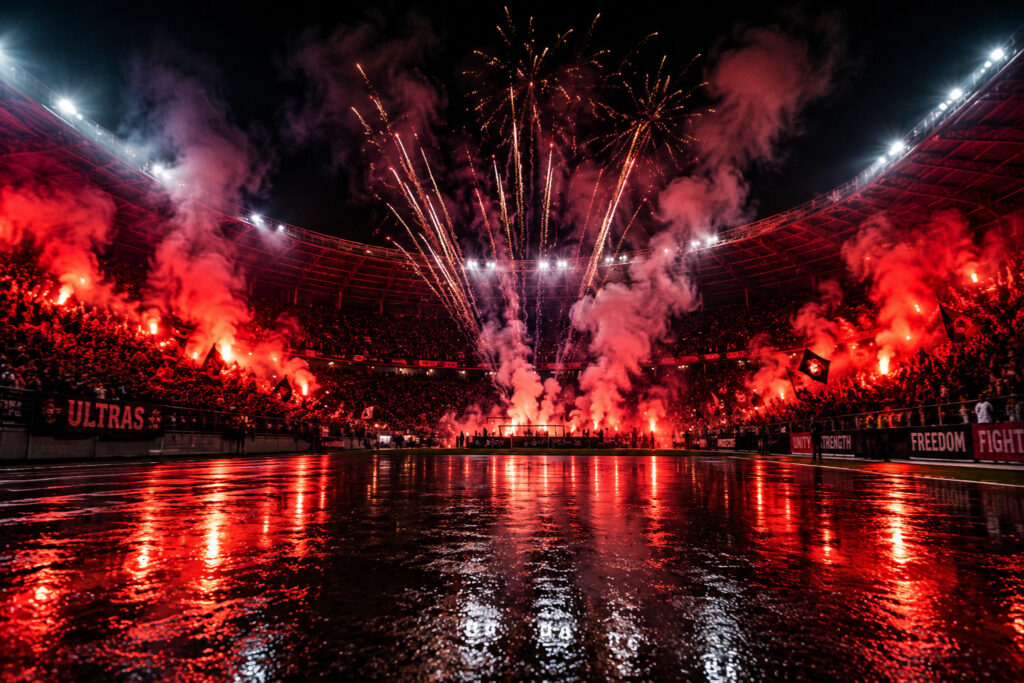 Pokaz pirotechniczny na stadionie z flarami, efektami świetlnymi i fajerwerkami podczas oprawy wydarzenia sportowego