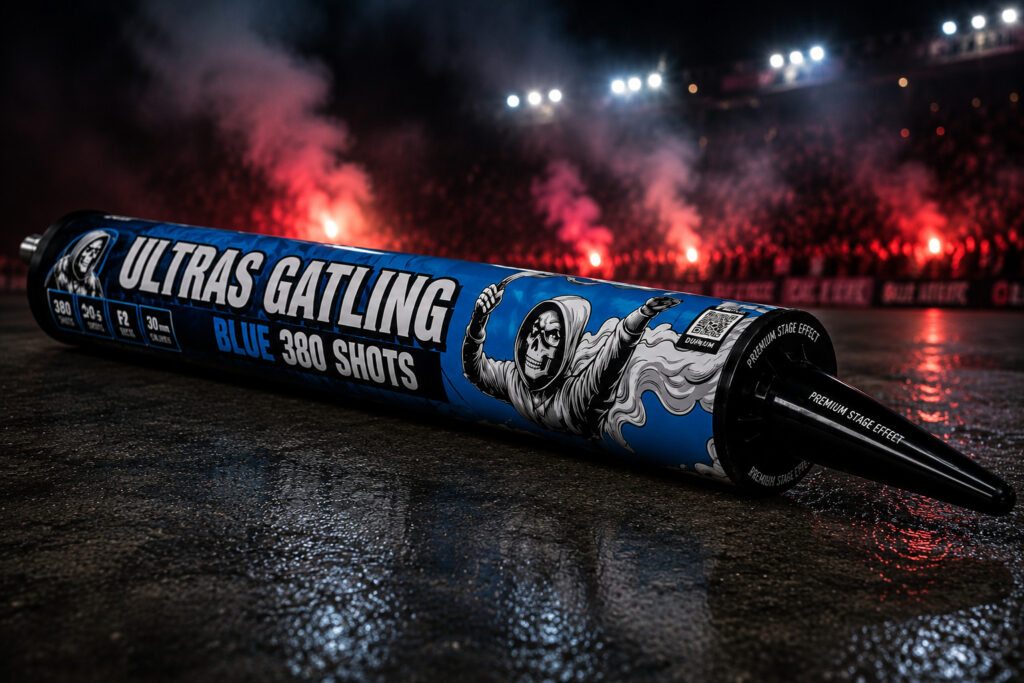 Ultras Gatling Blue 388 Shots F2 – gatling z niebieskimi efektami na stadionowym tle