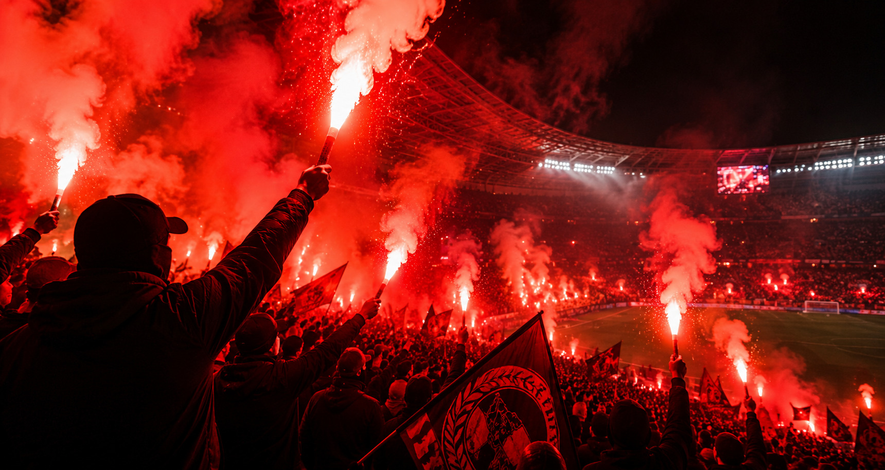 Kibice na stadionie trzymający odpalone czerwone flary podczas oprawy stadionowej