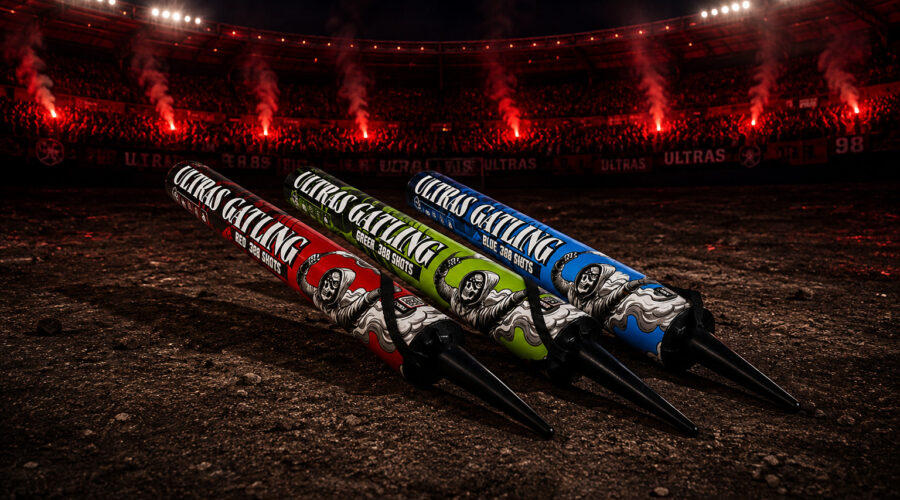 Gatlingi Ultras Gatling Red, Green i Blue na tle stadionu podczas oprawy pirotechnicznej