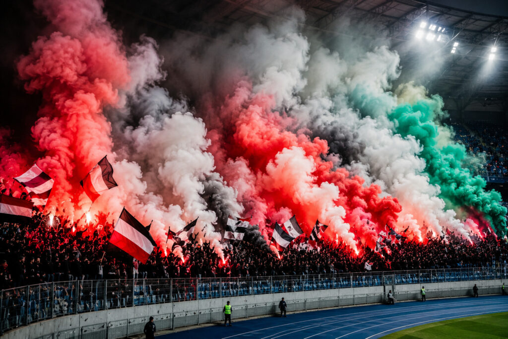Kibice tworzący oprawę meczową z wykorzystaniem kolorowych świec dymnych na stadionie