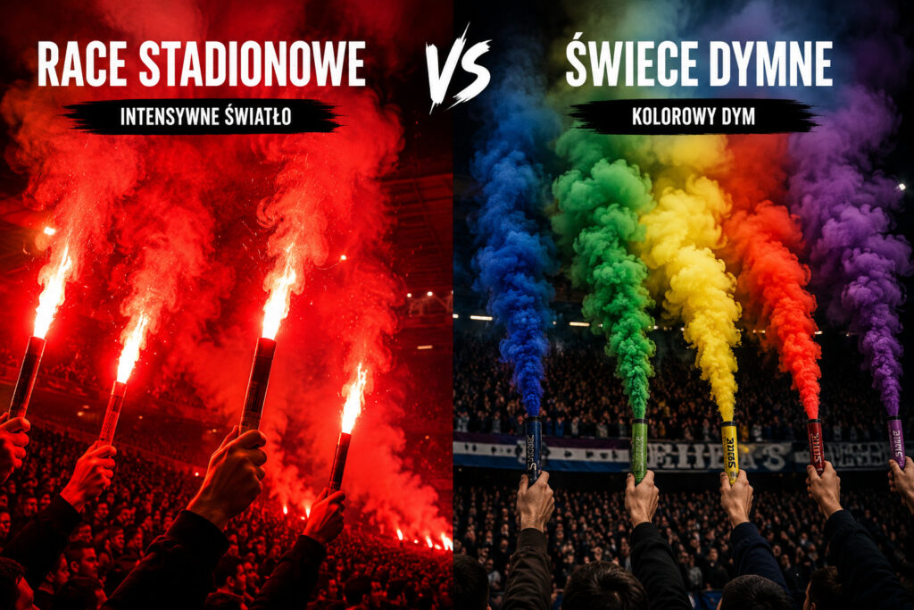 Race stadionowe i świece dymne – porównanie efektu światła oraz kolorowego dymu podczas oprawy stadionowej