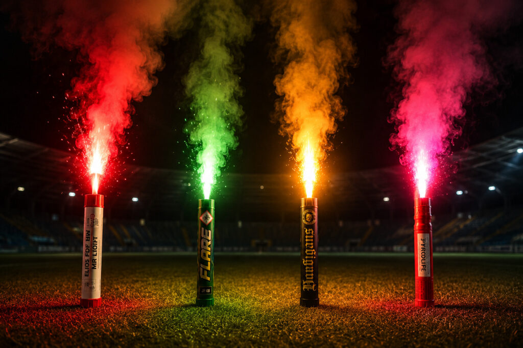Porównanie rodzajów flar stadionowych różnych producentów na murawie stadionu nocą