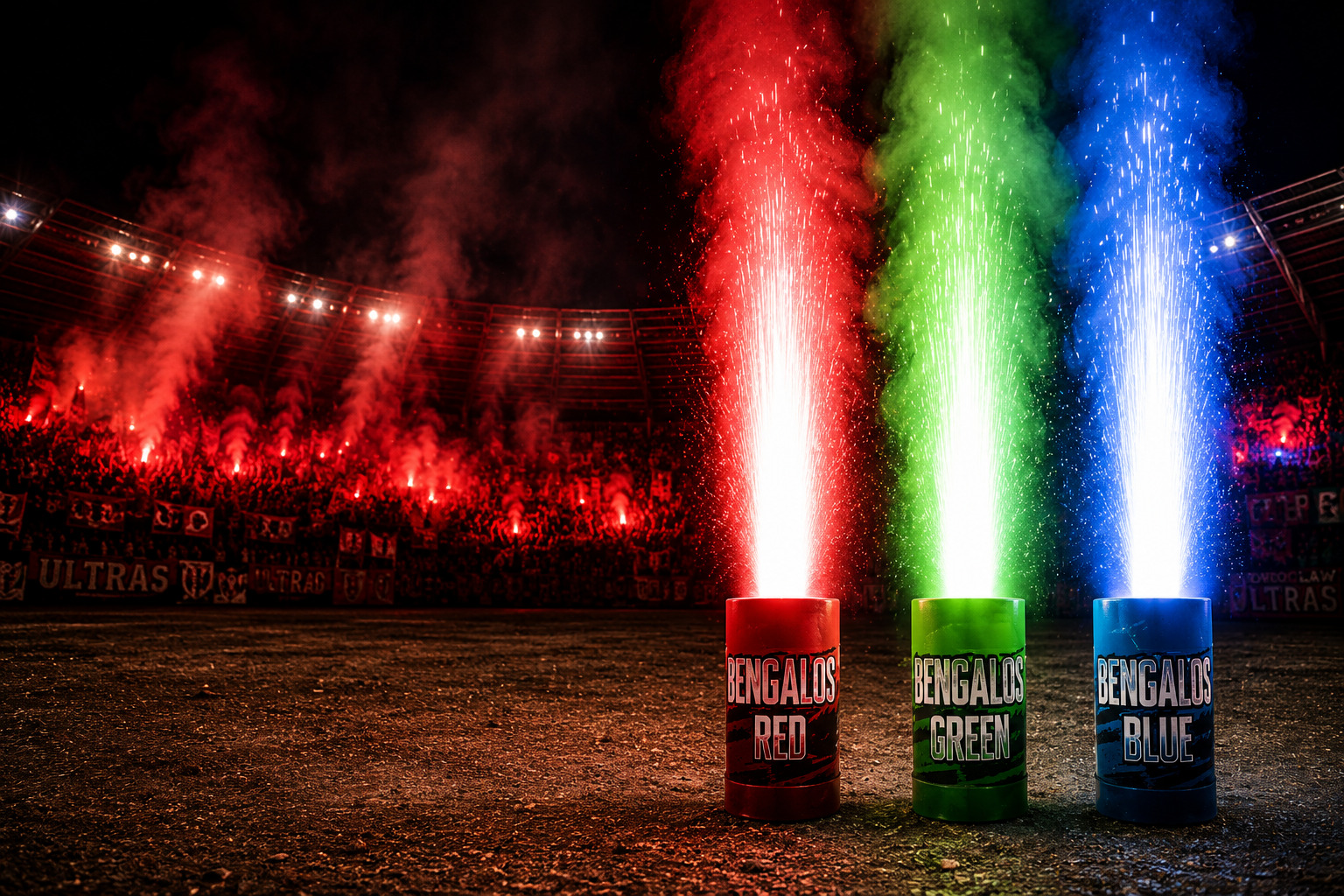 Stroboskopy i ognie wrocławskie Bengalos Red Green Blue podczas oprawy stadionowej