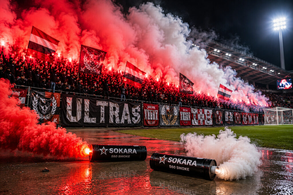 Świece dymne Sokara S60 Smoke podczas oprawy stadionowej z czerwonym i białym dymem na trybunach