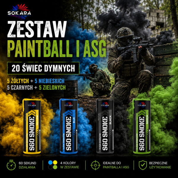 Zestaw Paintball i ASG świec dymnych Sokara 20 sztuk z żółtym, niebieskim, czarnym i zielonym dymem do rozgrywek taktycznych