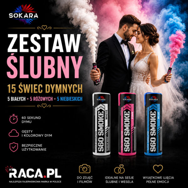 Zestaw ślubny świec dymnych Sokara 15 sztuk z białym różowym i niebieskim dymem do sesji ślubnych